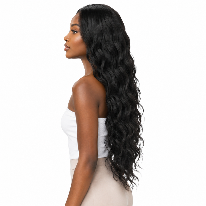 Heat-friendly real human hair bundles with body waves, even dark color, and flexible styling options when cared for properly.