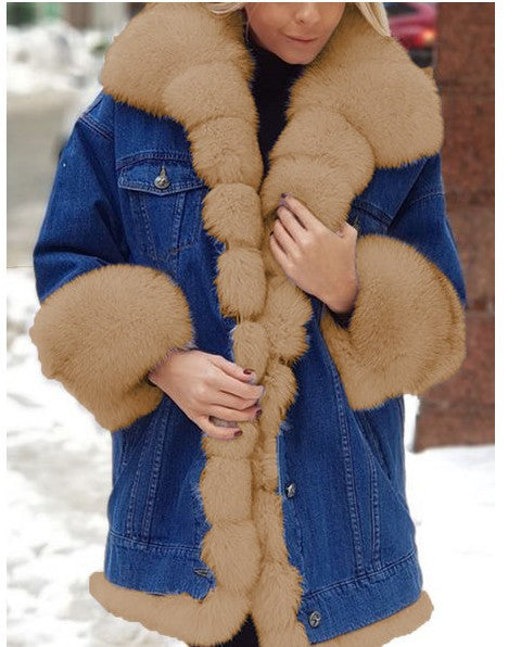 fur lined jean jacket long denim coat with faux fur, flat lay with scarf and gloves for cold weather outfit
