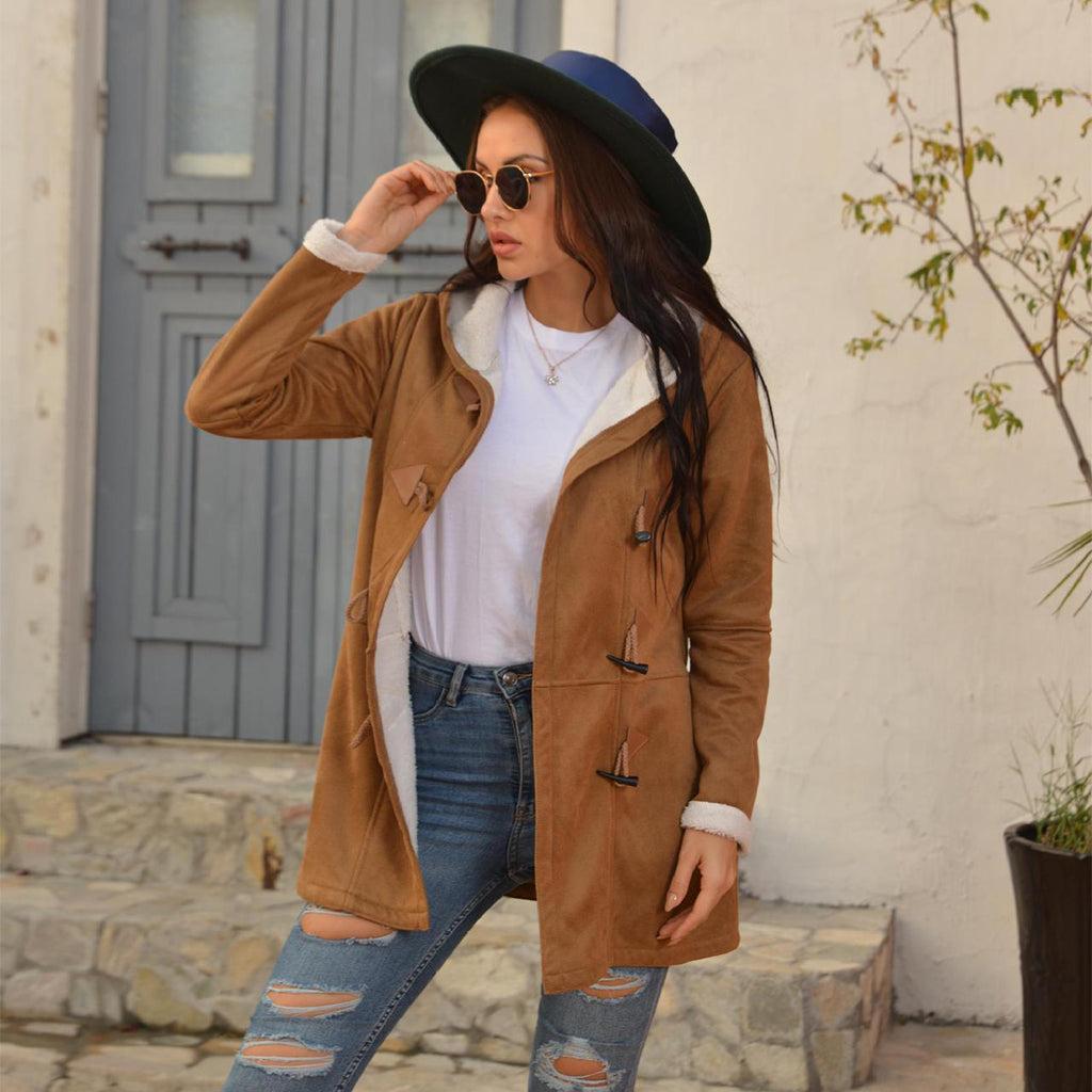 Women's Sherpa Lined Hooded Coat - Cozy Toggle Coat Now