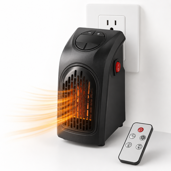 Plug in wall heater collage showing bedroom, office, living room, camping use, remote control, timer display and warm airflow