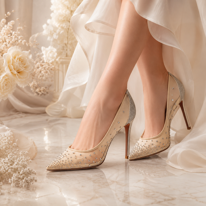 Rhinestone mesh heels with pointed toe, silver crystal sparkle and transparent upper for elegant party outfits