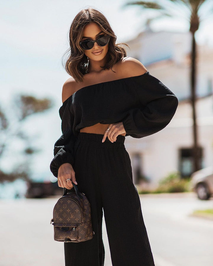 Off Shoulder Women Set with Straight Leg Pants OutfitX!