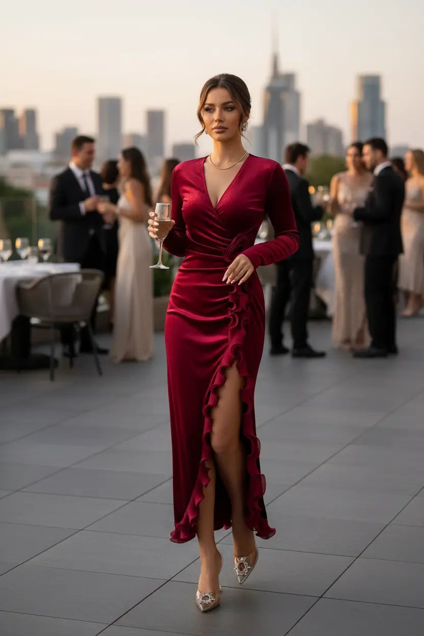 Elegant slit dress highlighting leg line and fluid movement while walking