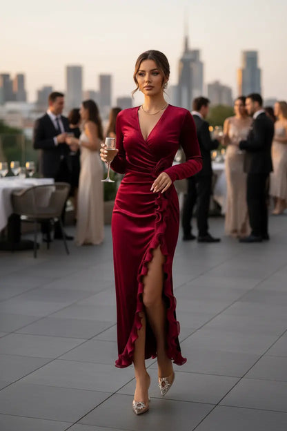 Elegant slit dress highlighting leg line and fluid movement while walking