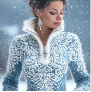 blue hooded winter jacket women front view zip closure