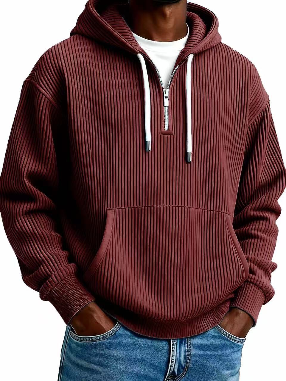 Maroon ribbed hoodie with a zipper on a white background