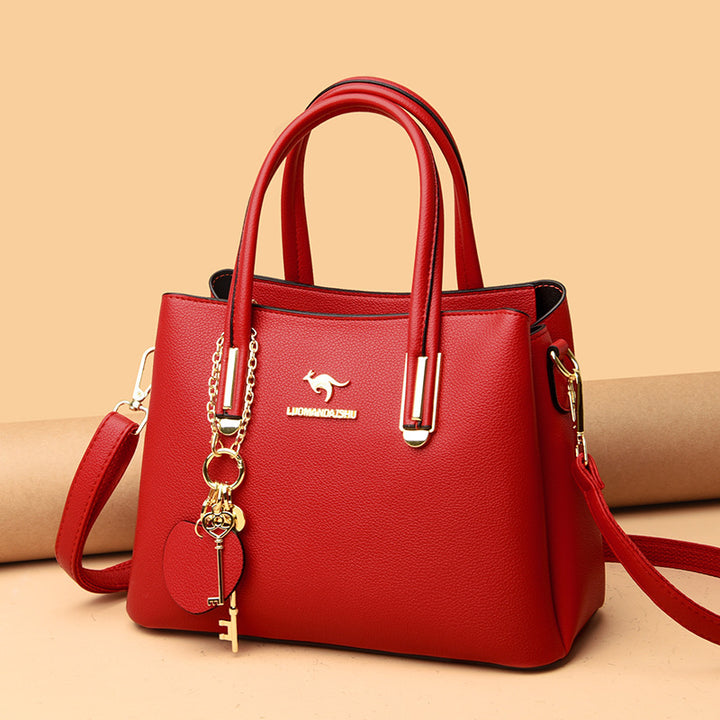 Large red lychee texture women's handbag with keychain