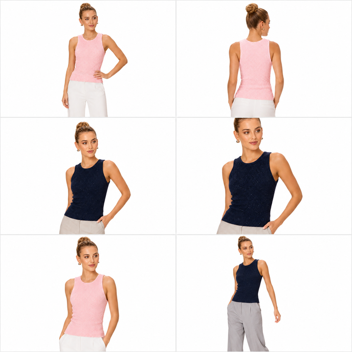 Grid of a woman wearing pink and navy sleeveless tops with white pants on a white background