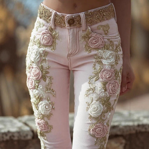 Pink rose embroidered jeans pocket and seam detail, rose embroidery and stereo pattern for feminine streetwear
