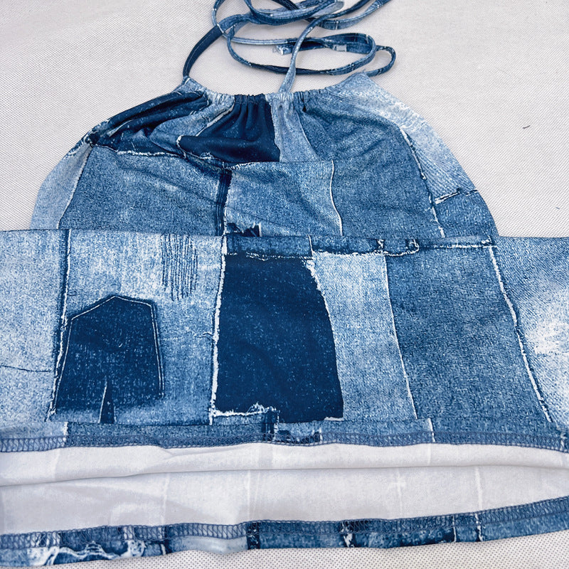Full-body model view of the blue backless halter dress against a clean ecommerce background.