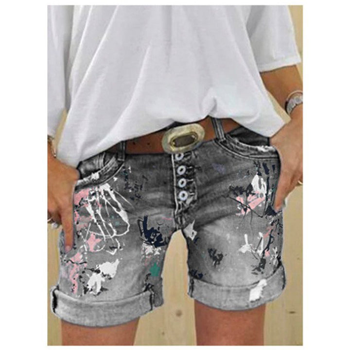 Deep blue denim shorts for women with high waist, printed detail, button closure and slight stretch for casual daily outfits.