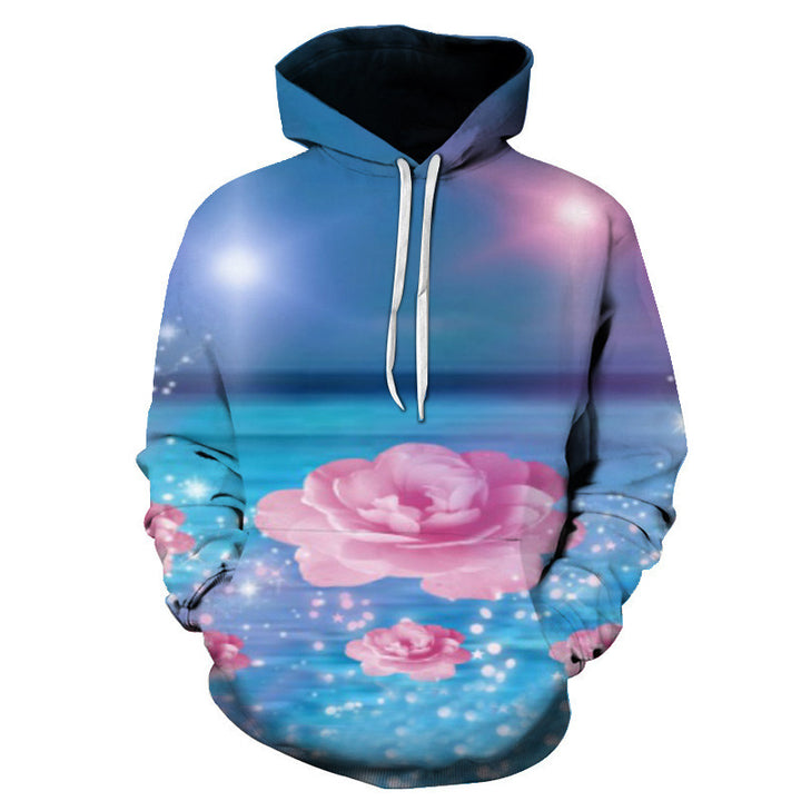Rose Hoodie with Floral Print and Loose Fit Long Sleeve