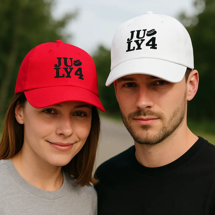 A smiling woman and man wearing red and white Unisex Under Armour® Dad Hats outdoors against a soft-focus greenery backdrop

