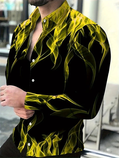 Action capture: Hawaiian Style Men’s Long Sleeve Shirt flowing as model strolls at sunset surf, highlighting loose fit.

