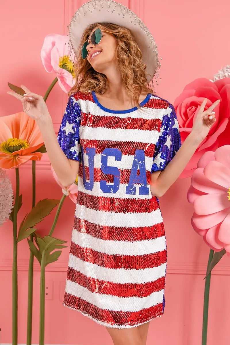 American flag inspired sequin dress laid flat for product shot

