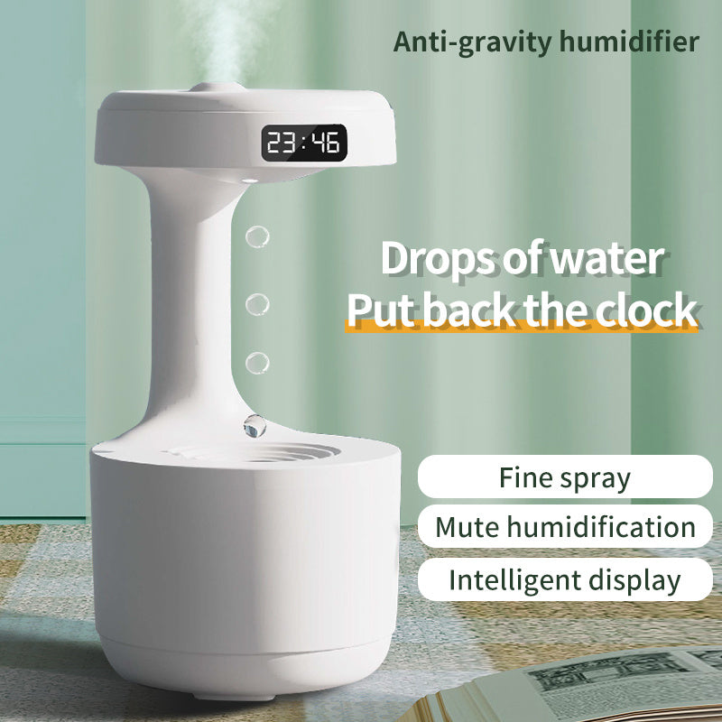Anti-Gravity Humidifier Close-Up: Ultrasonic Fog and Clock Display for Modern Desks