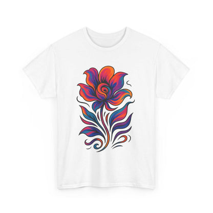 White cotton tee with vibrant abstract floral design