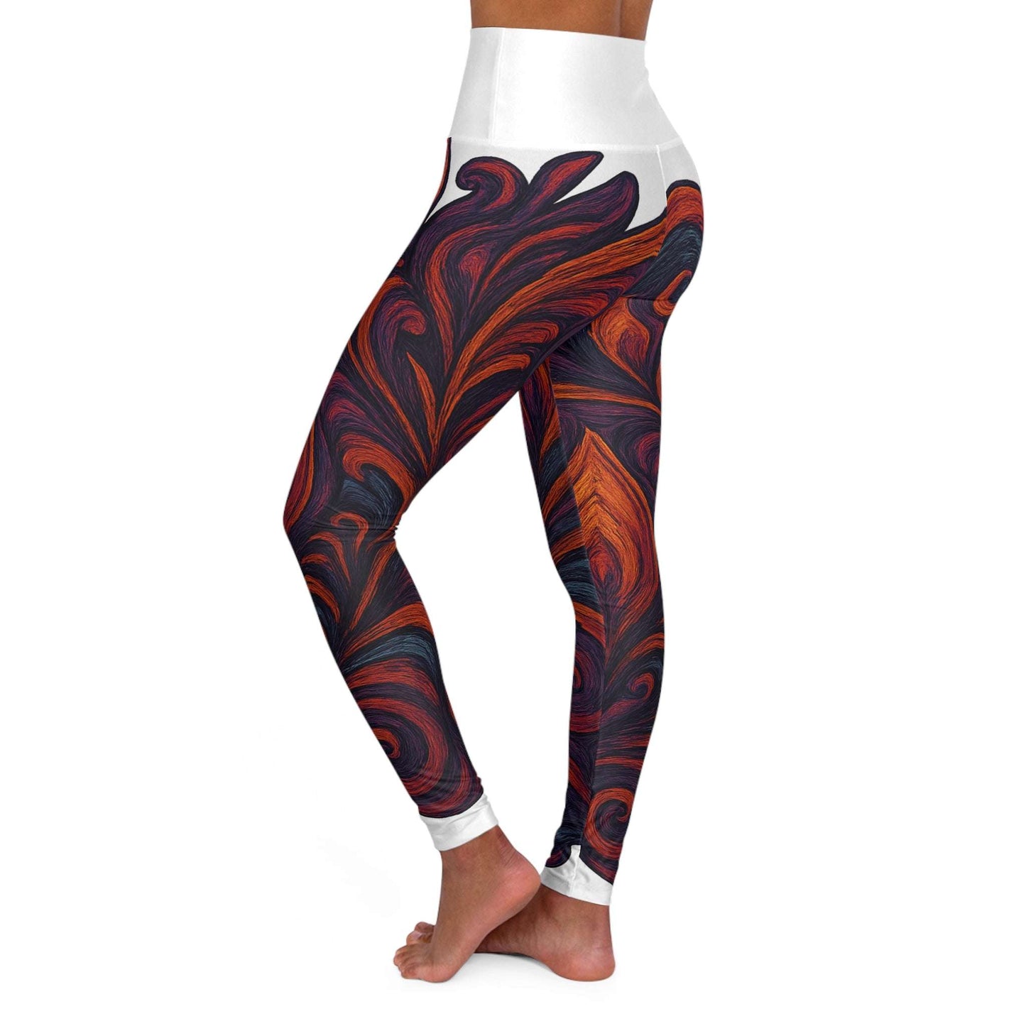 High waisted yoga leggings with red and black swirl print
