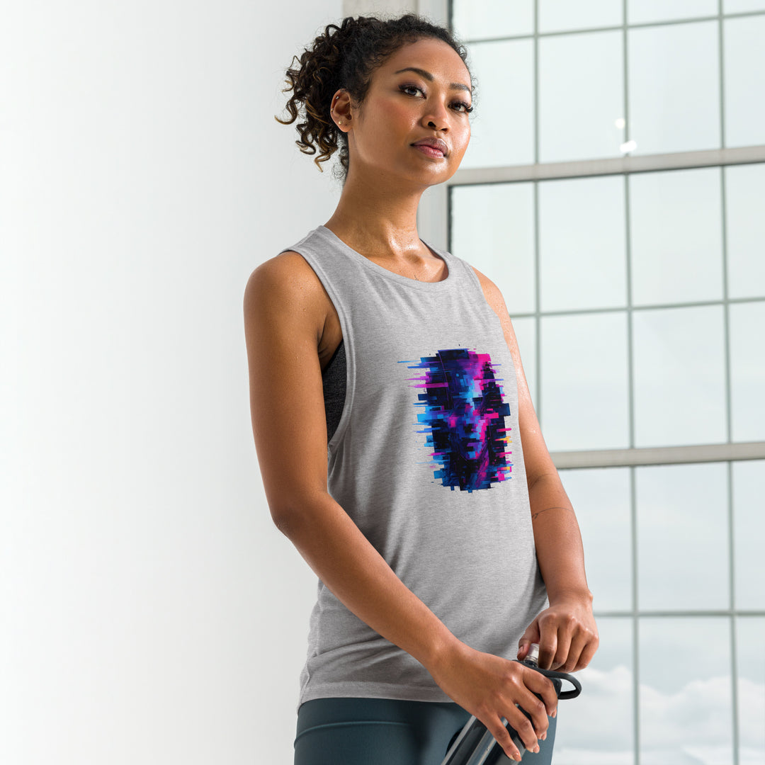 Athletic Heather ladies’ muscle tank during yoga flow, curved hem stays in place through deep stretch.

