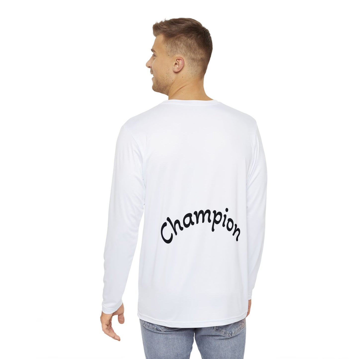 Casual men’s soccer fan shirt with champion text on the back

