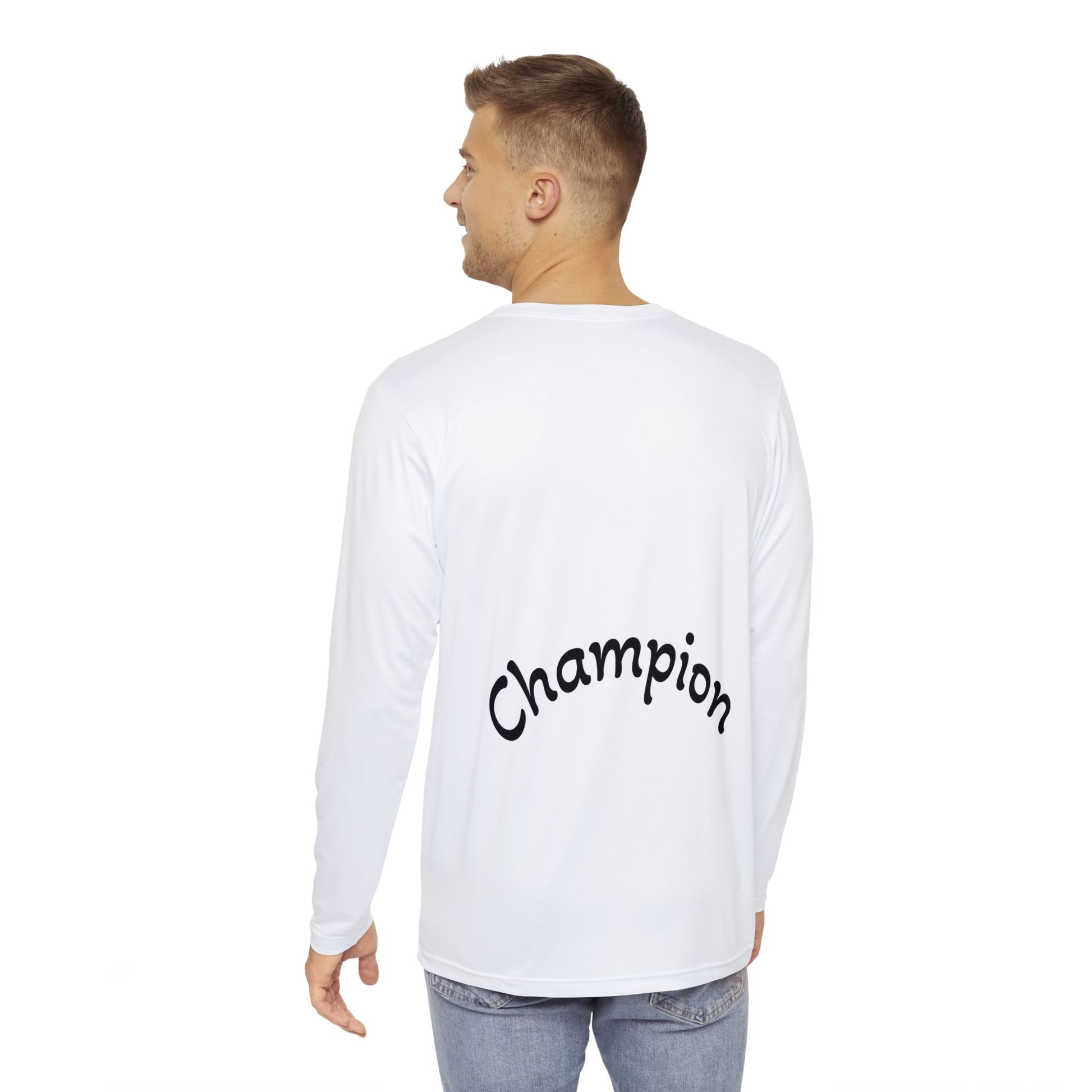 Casual men’s soccer fan shirt with champion text on the back

