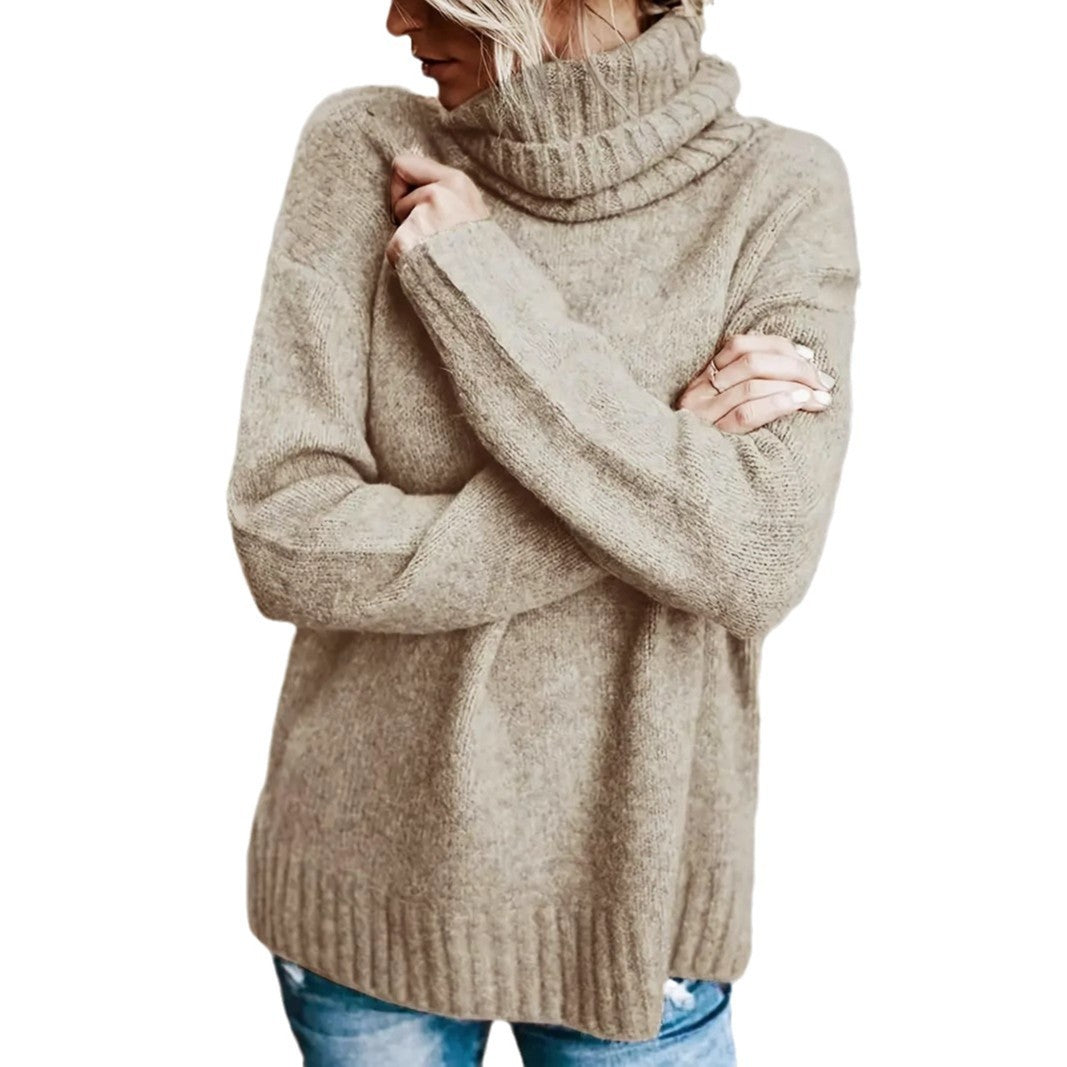 Autumn winter khaki turtleneck sweater featuring drop-shoulder sleeves and solid elegant style.