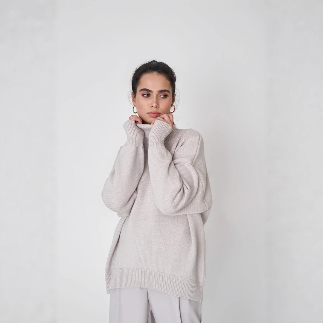 High Neck Sweater for Women - Solid Color Knit Pullover