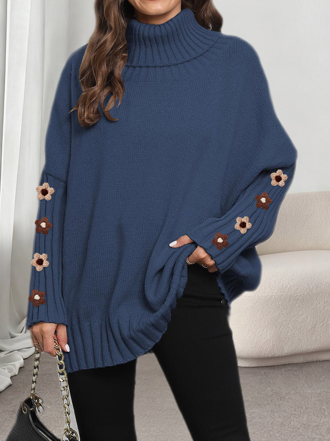 Solid-color knit sweater top for women with high neckline and fold-over turn-down collar styling for versatile outfit pairing