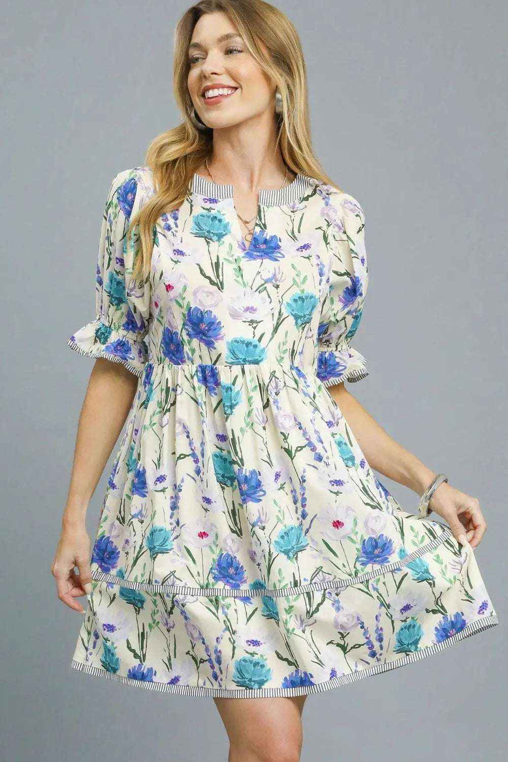 Grab Umgee BabyDoll Floral Striped Hem Mini Dress Today