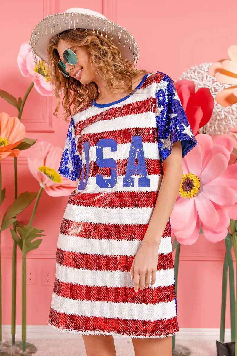 USA Flag Sequin Dress - Patriotic Sparkle for July 4th