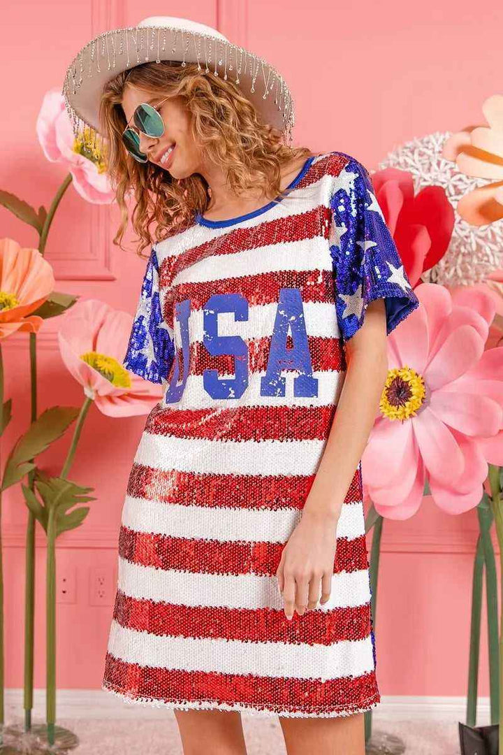 USA Flag Sequin Dress - Patriotic Sparkle for July 4th