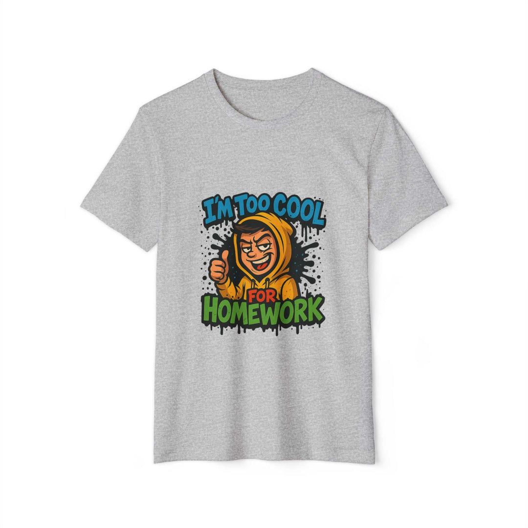 Gray eco-friendly tee with cartoon and homework print