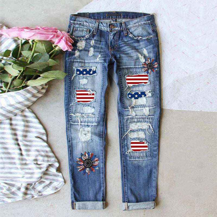 Flag Denim Ripped Trousers - Celebrate in Patriotic Style