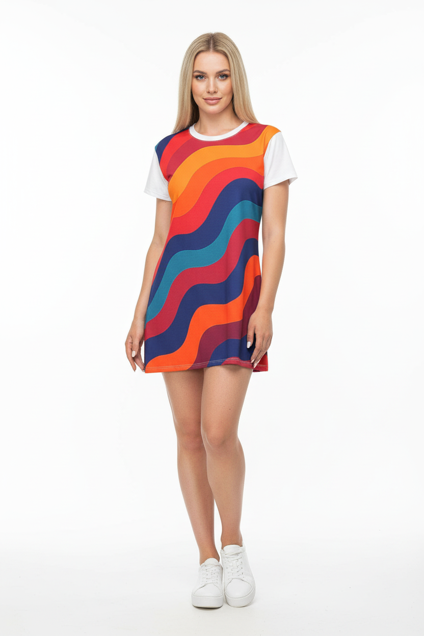 Women's boho t-shirt dress with colorful wave print in blue and orange tones
