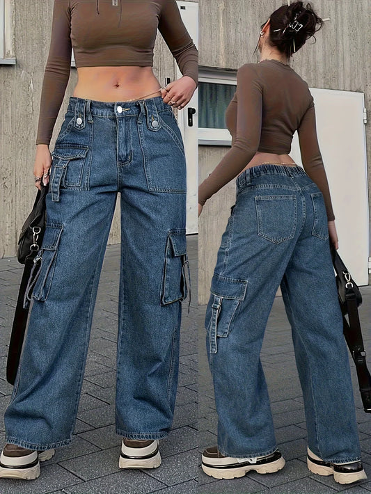 Back Pose in Trendy Women's Cargo Jeans Featuring Elastic Waist for Ultimate Comfort