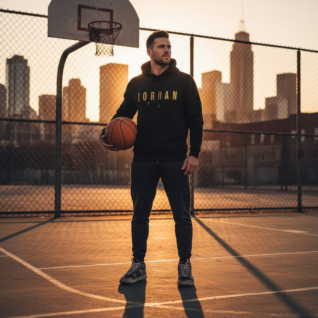 Back view Jordan style hoodie – hood up, daily wear ready