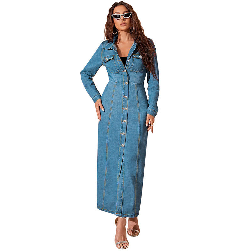 Back view of Denim Button Cardigan Jacket Dress silhouette