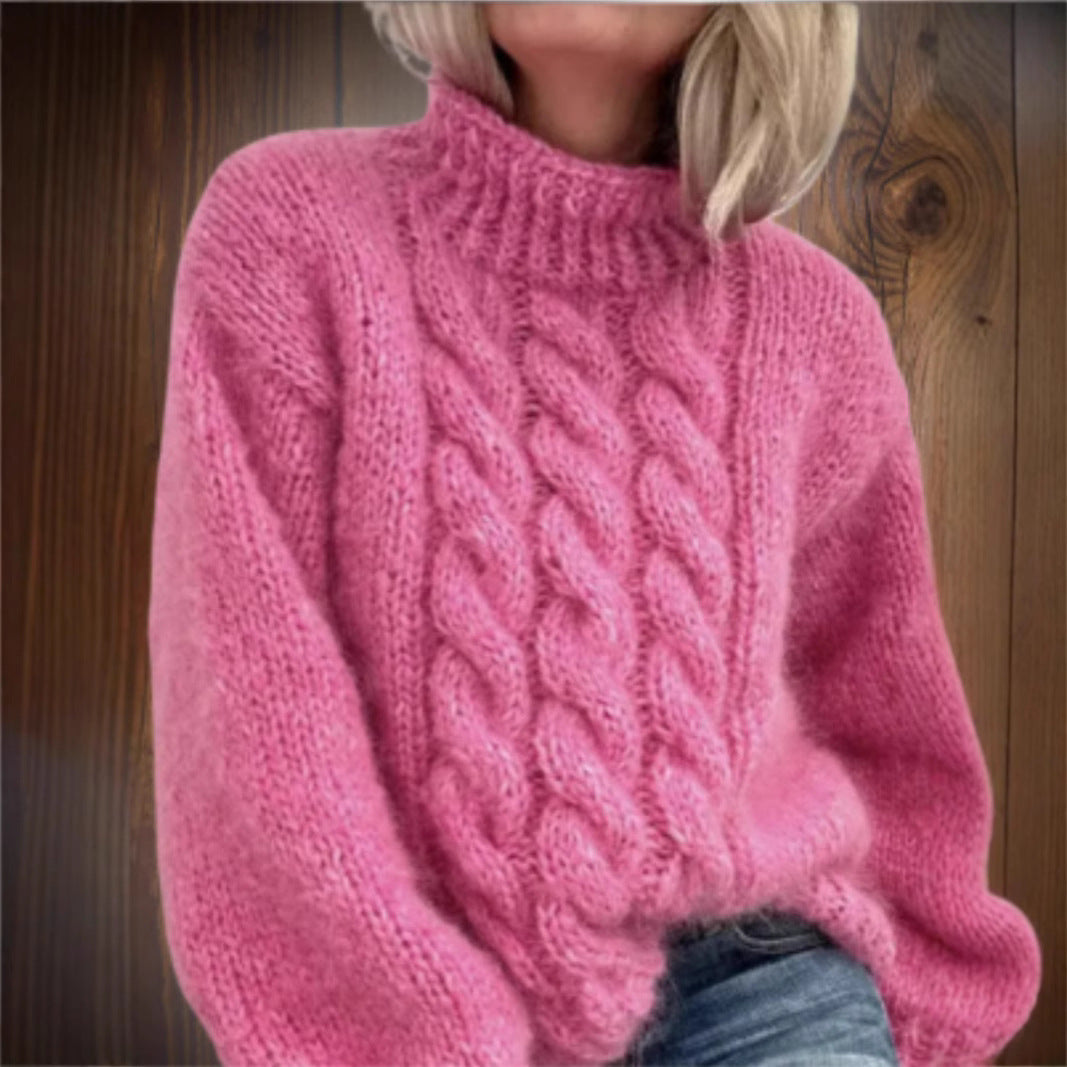 Back view of European and American women's turtleneck pullover sweater, regular fit.