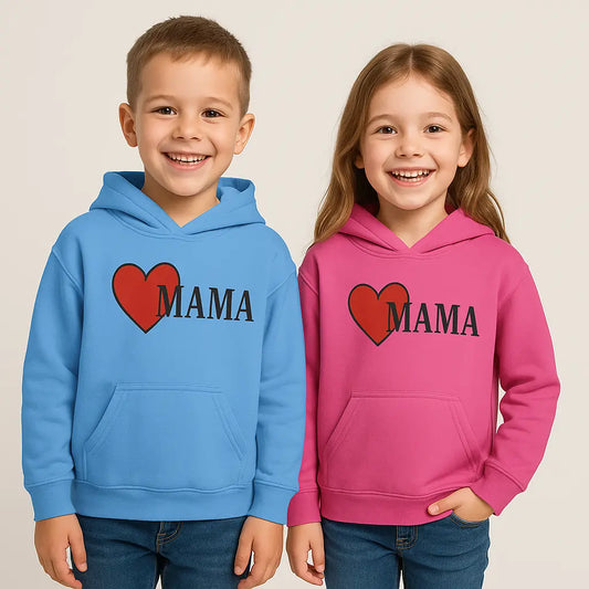 Back view of Love Mama hoodie on child in cozy room

