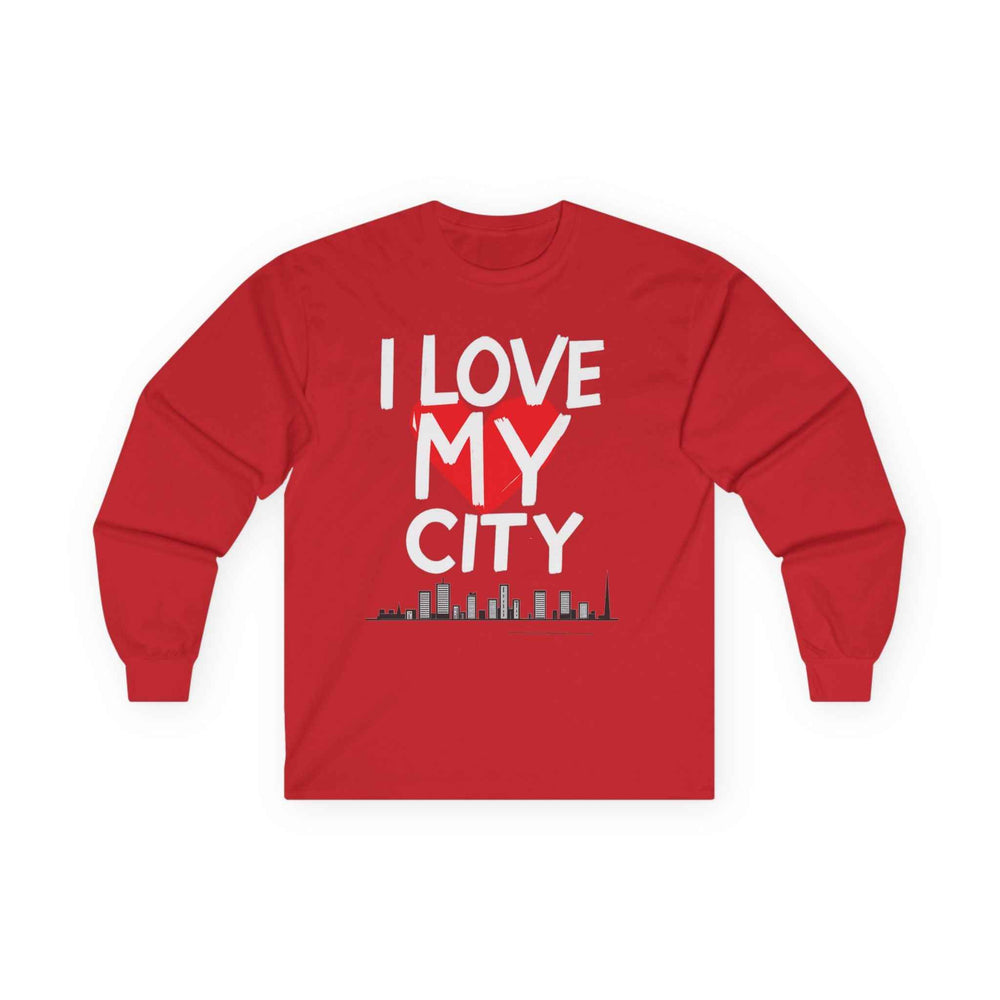 Red long-sleeve shirt with 'I Love My City' text on a white background