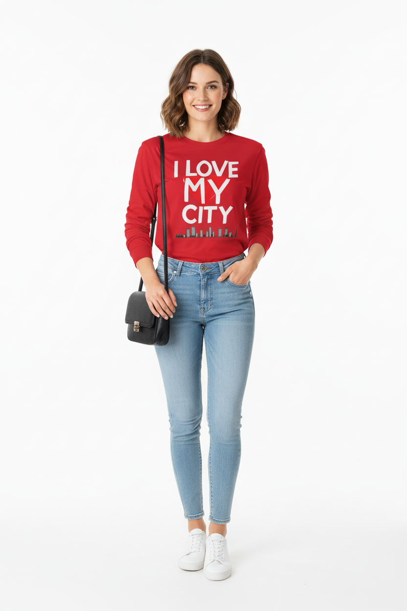 Model wearing a relaxed unisex long sleeve tee styled with jeans for a casual streetwear look
