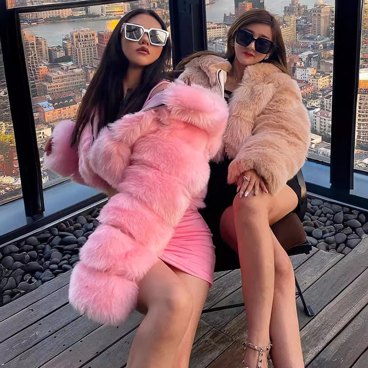 Back view – short hooded faux fur coat with cozy hood