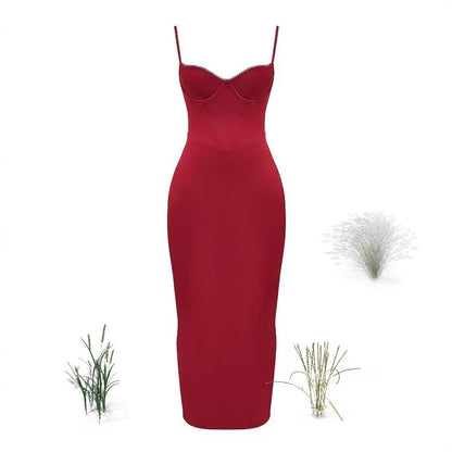 Backless Wine Red Camisole Gown in Premium Acetate Satin Fabric for Women
