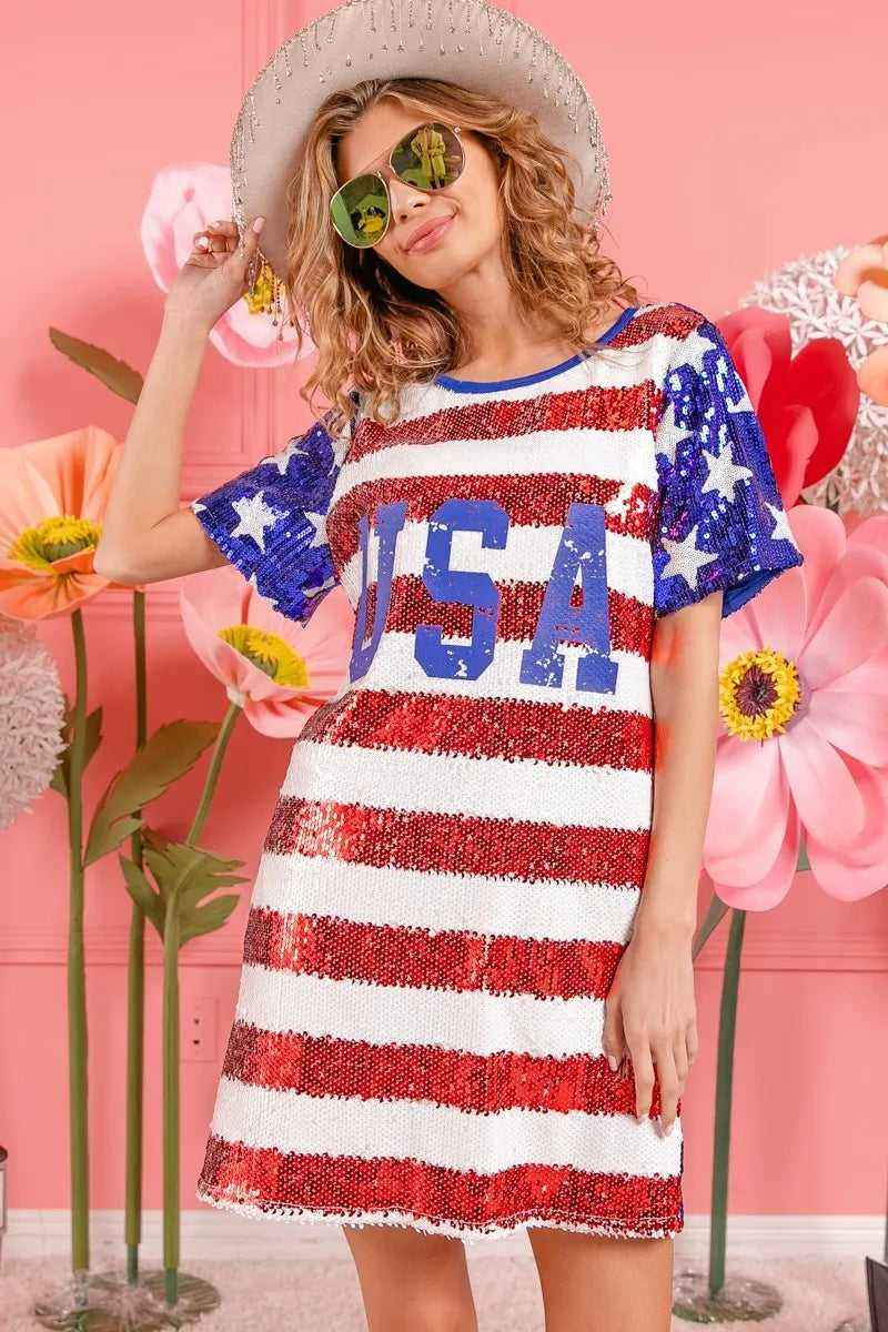 USA Flag Sequin Dress - Patriotic Sparkle for July 4th
