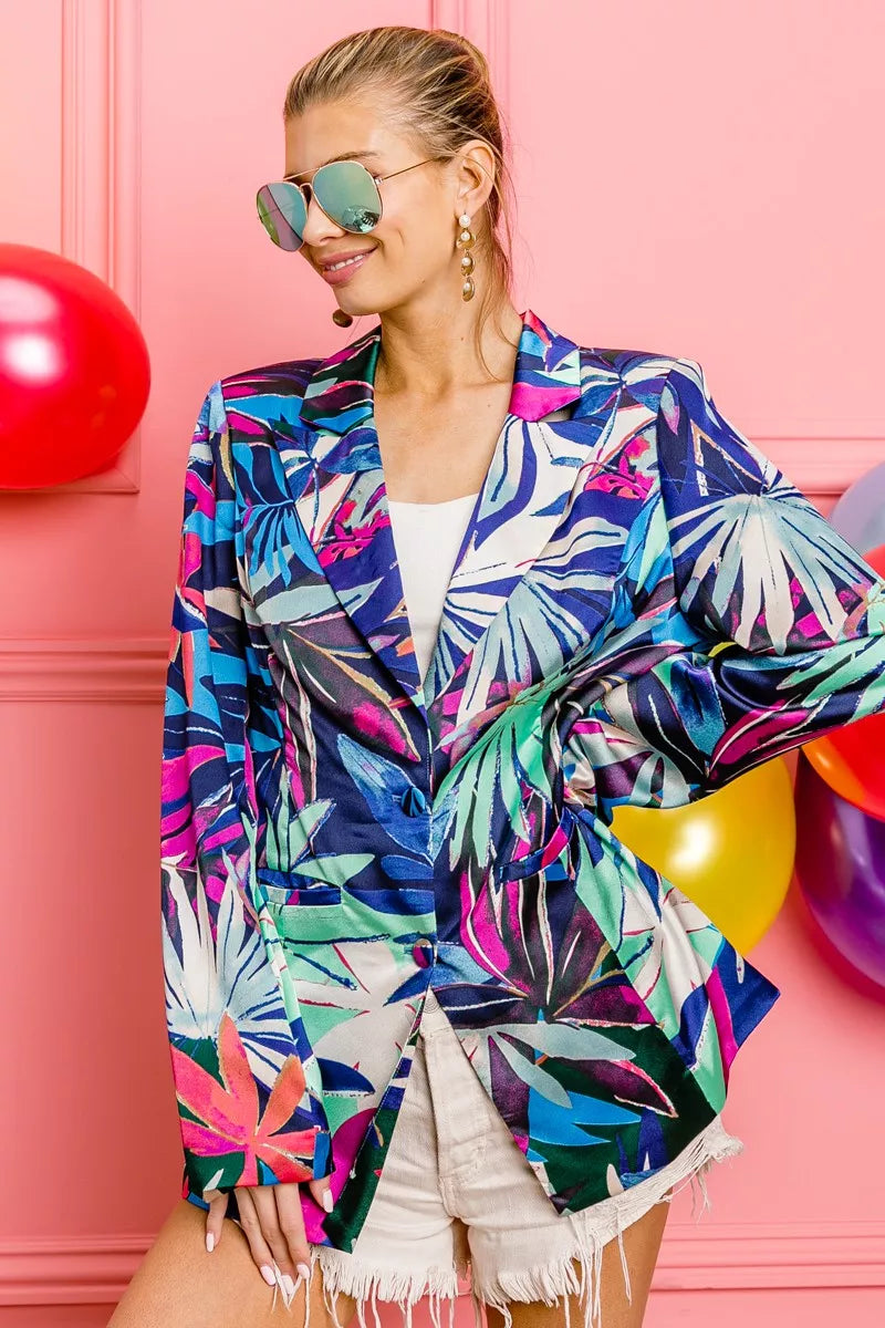 BiBi Thin Satin Tropical Women’s Blazer – styled with denim and tee