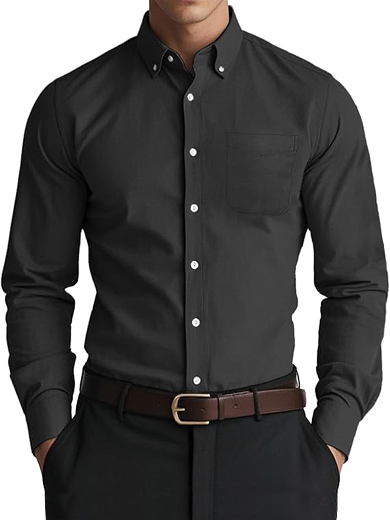 Black Cardigan Style Oxford Shirt - Men's Loose Casual Wear in Breathable Fabric