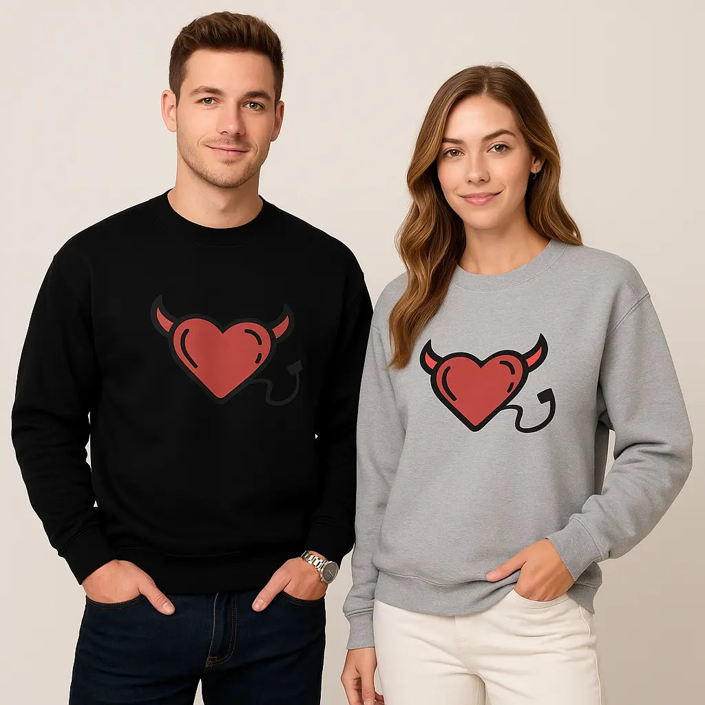 Black unisex sweatshirt with devil heart design, styled for everyday comfort

