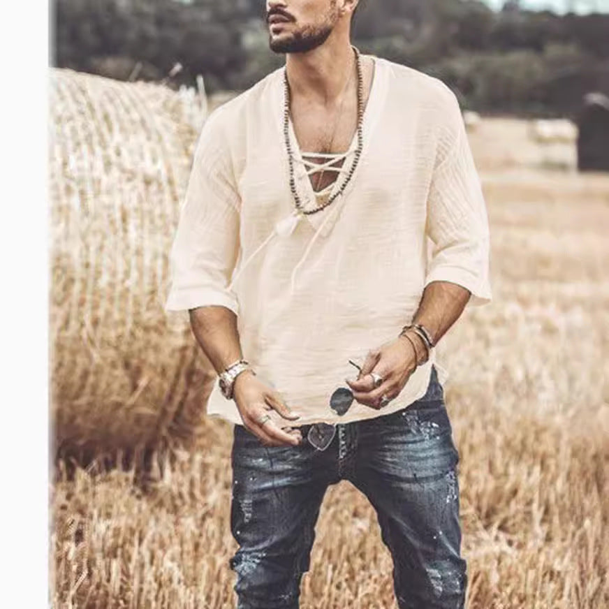 Blue Mid Sleeve T-Shirt with Lace-Up Detail