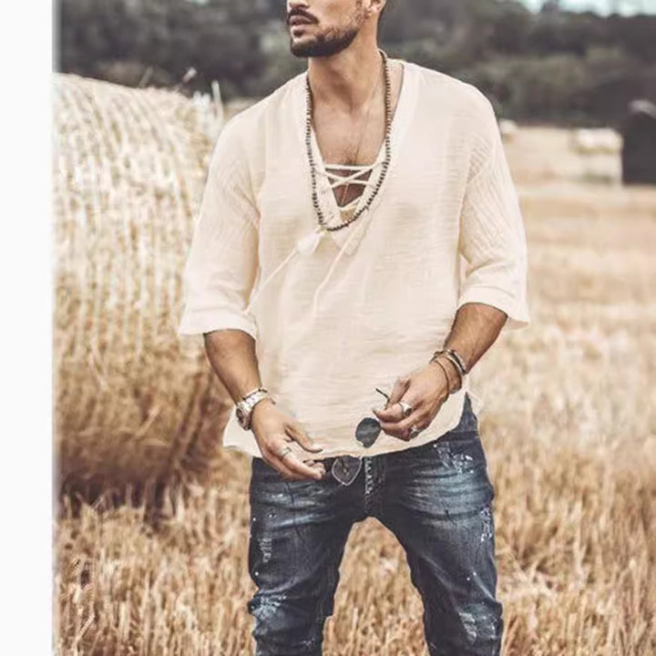 Blue Mid Sleeve T-Shirt with Lace-Up Detail