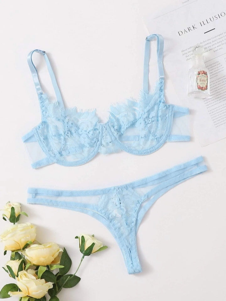 Blue Spandex and Lace Lingerie Suit with See-Through Heart Accents